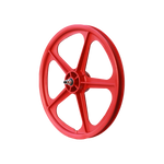 A red bicycle wheel on a white background featuring Skyway Tuff 5 Spoke Front Wheel.