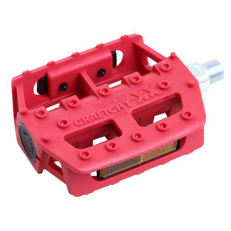 A pair of red MKS Grafight XX Caged Pedals made with Synthetic Fiberglass Resin on a white background.