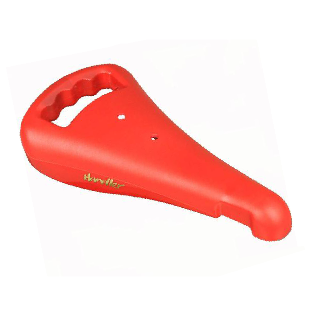 A red plastic Kashimax FS Handler Seat handle with finger grooves for a comfortable grip.