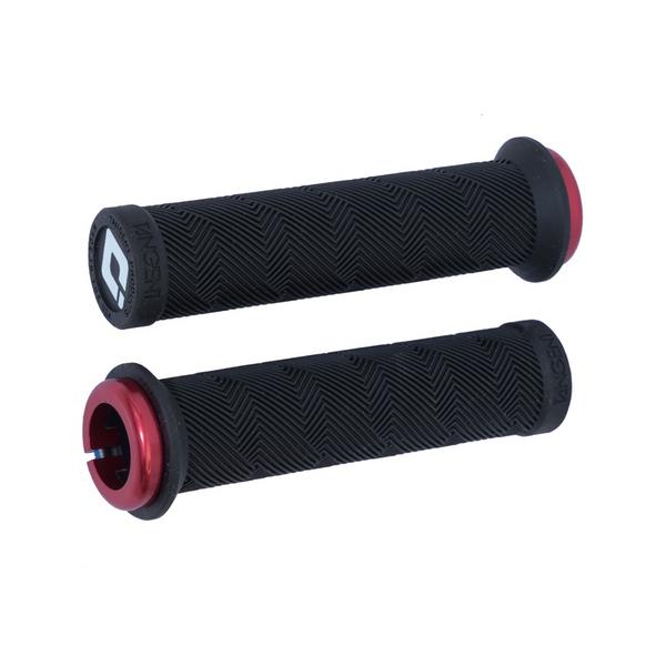 Two black slim fit Tangent Contour Lock On Grips with a textured pattern and metallic red lock rings provide stylish looks and secure comfort for your ride.