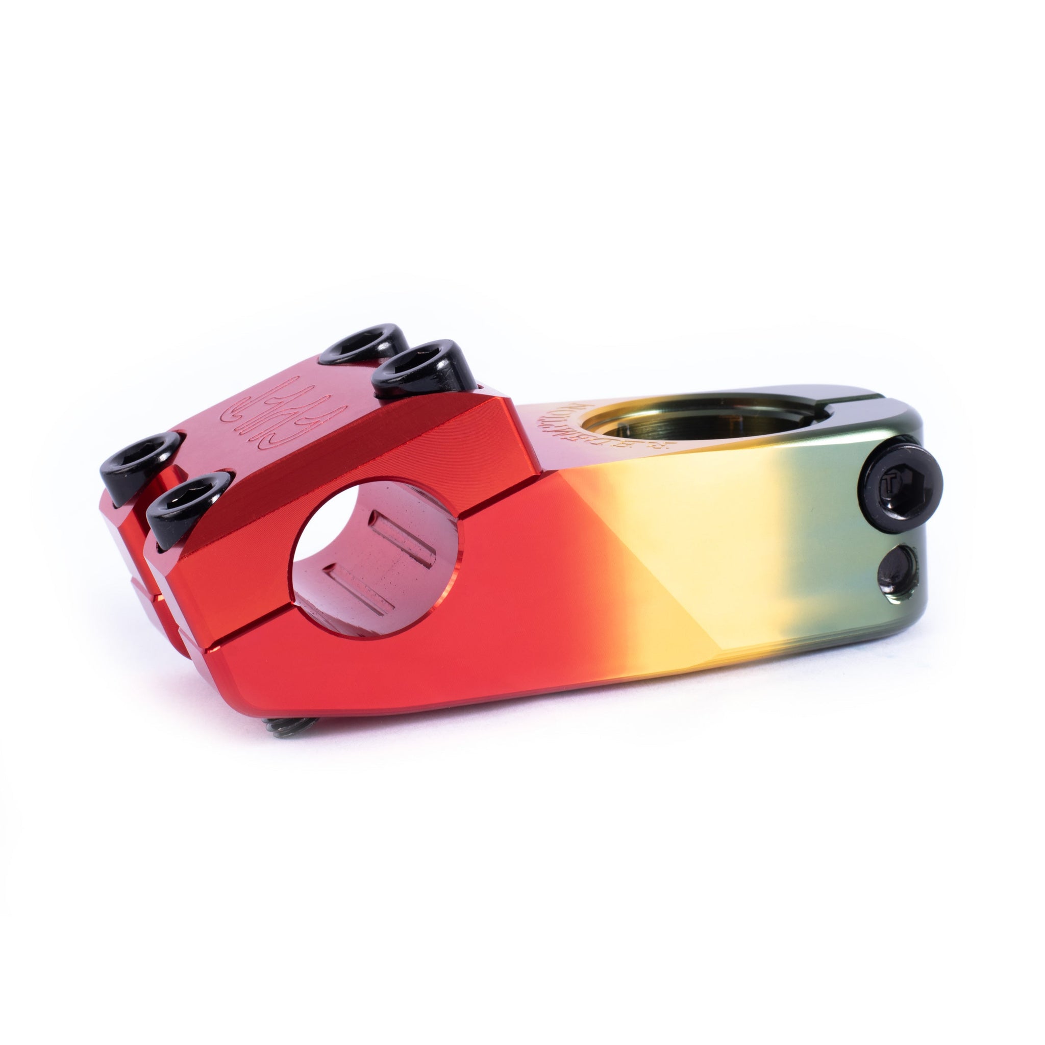 The Cult Redemption Stem, made from durable 6061 aluminum, features a red, gold, and green fade finish with four black faceplate bolts and is displayed on a white background.