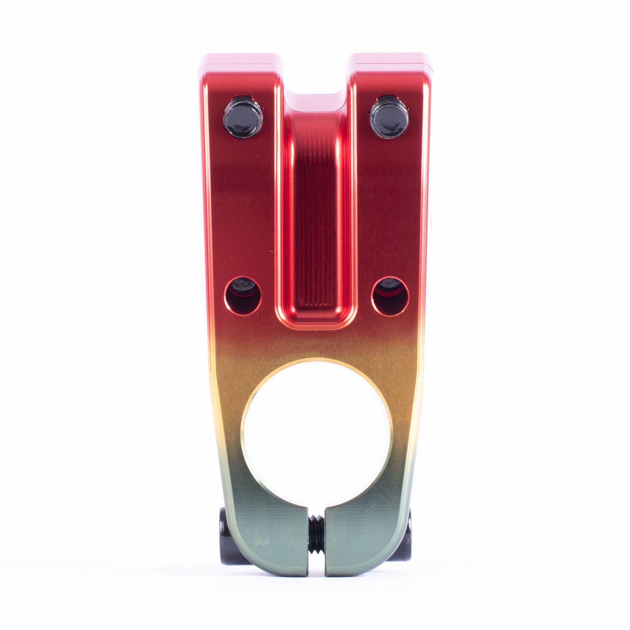 The Cult Redemption Stem features a bold red-to-green gradient finish, visible from the front with four bolt holes and a central clamp opening.
