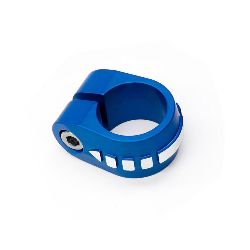 A blue Redline Broken Arrow Seat Post Clamp with a bolt and notched design, compatible with old-school sizing like the classic Redline Broken Arrow.
