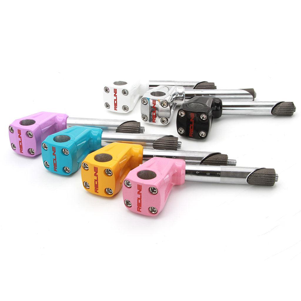 The REDLINE BY KASTAN Forklifter Front Load Stem (Gooseneck) is available in vibrant shades of blue, yellow, pink, white, and black, beautifully displayed on a pristine white background.