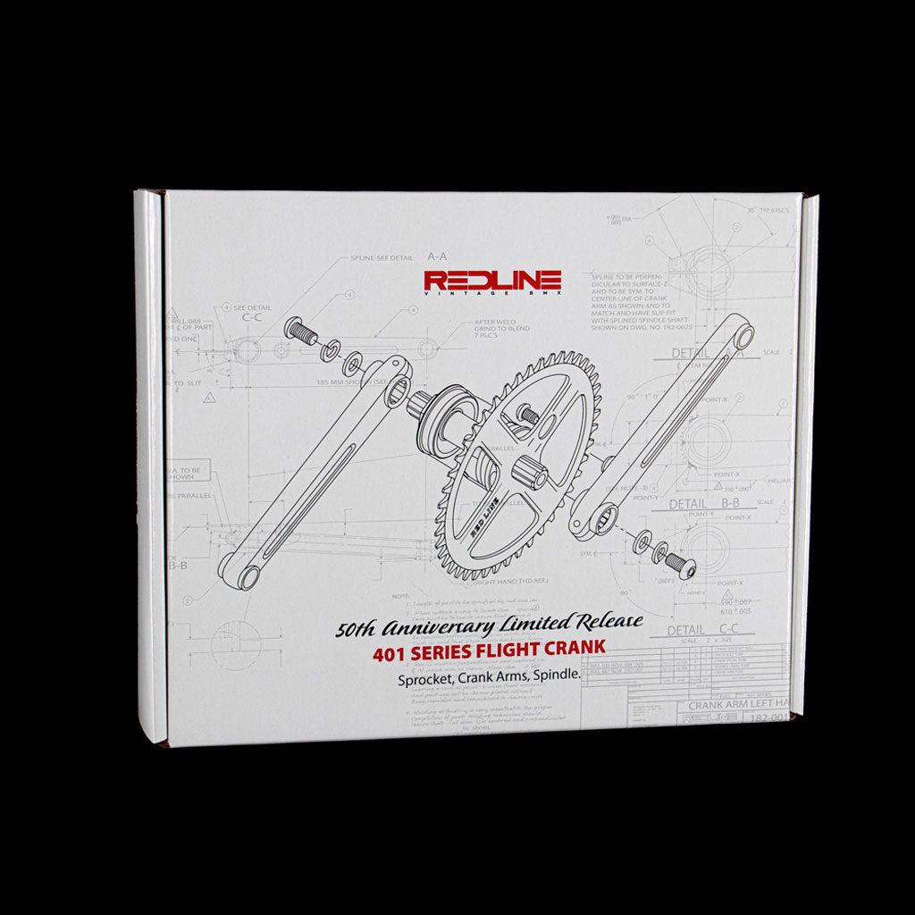 Box featuring technical drawings of a BMX crank set, labeled "REDLINE Flight 401 50th Anniversary Crank Set.