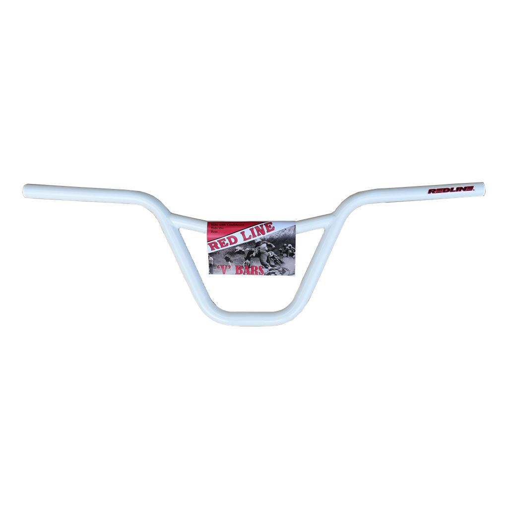 A Redline Flight V Bars handlebar with a red logo and 4130 chromo construction.