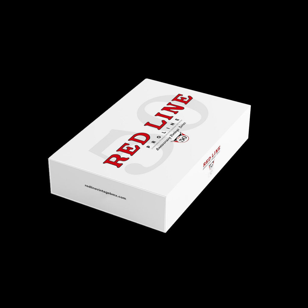 A white rectangular box featuring the text "Redline Proline" in red font and "50" in grey font, with a website URL redlinemotorsports.com on the side.