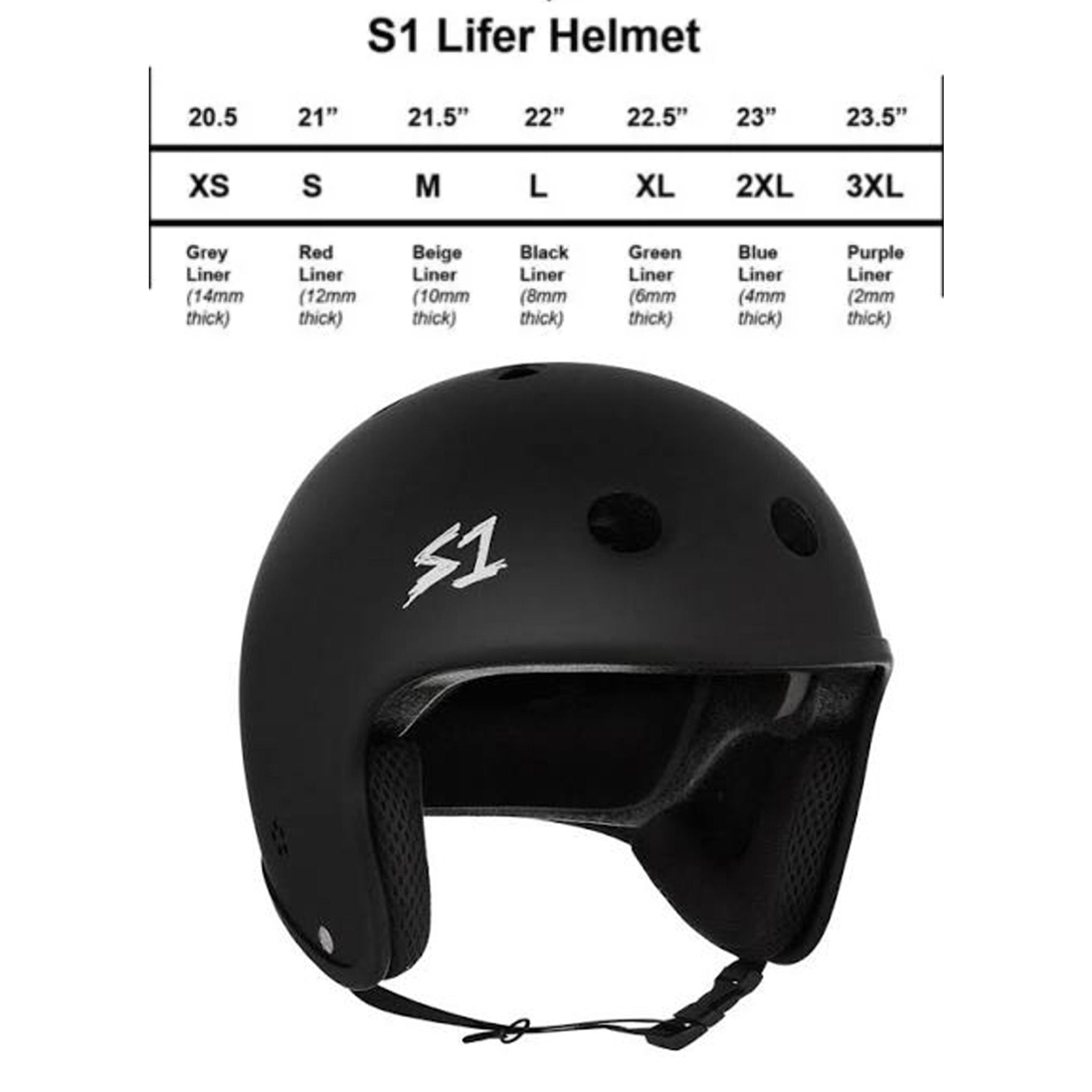 S-One Retro Lifer Helmet Matte Black with straps is displayed below a sizing chart that details head circumferences and liner colors for sizes XS to 3XL. This high-performance, multi-impact helmet is perfect for skateboarding, offering exceptional safety and comfort.