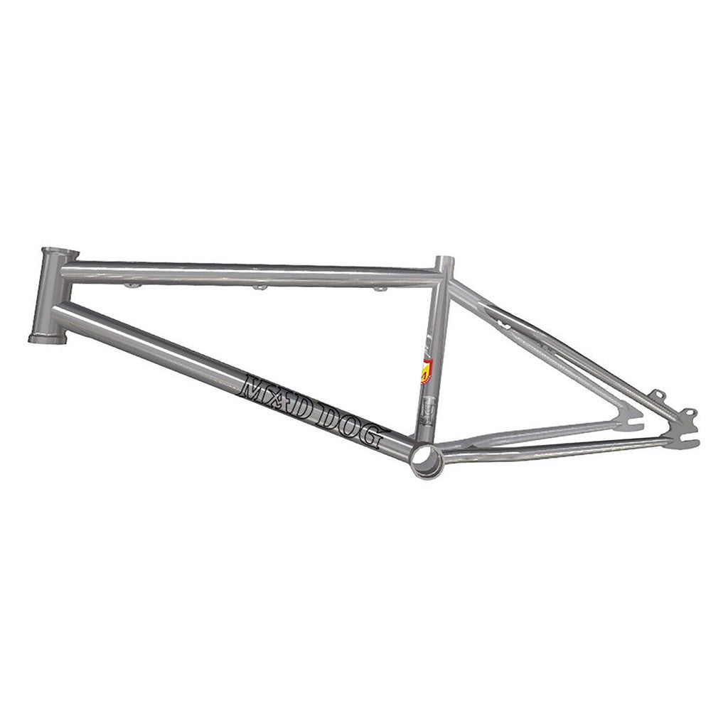 The S&M Mad Dog 22 Frame is a gray BMX frame labeled "MAD DOG" with a straightforward triangular design, ready for your custom build—no wheels, seat, or handlebars included; perfect for adding your favorite parts like a disc brake.