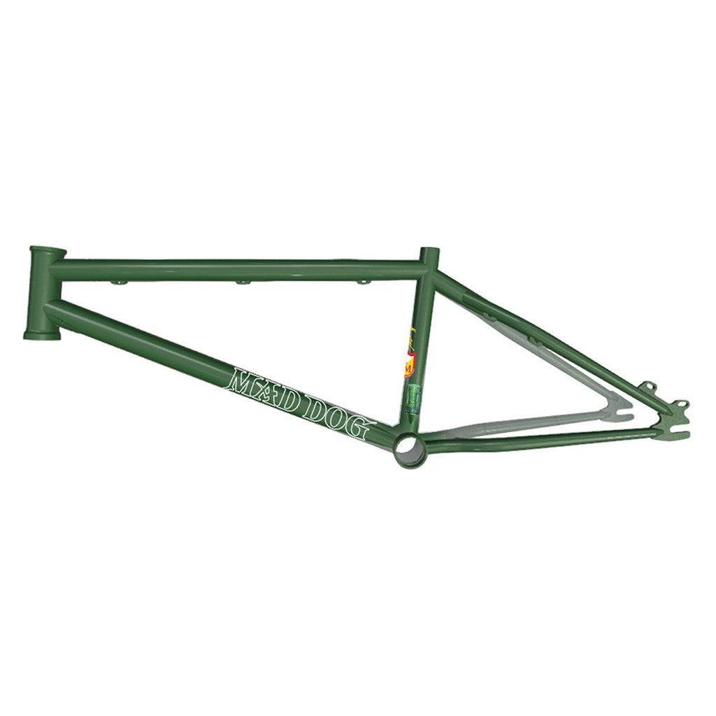 The S&M Mad Dog 22 Frame, shown in green with “MAD DOG” text on the lower tube, is disc brake compatible and displayed against a white background.