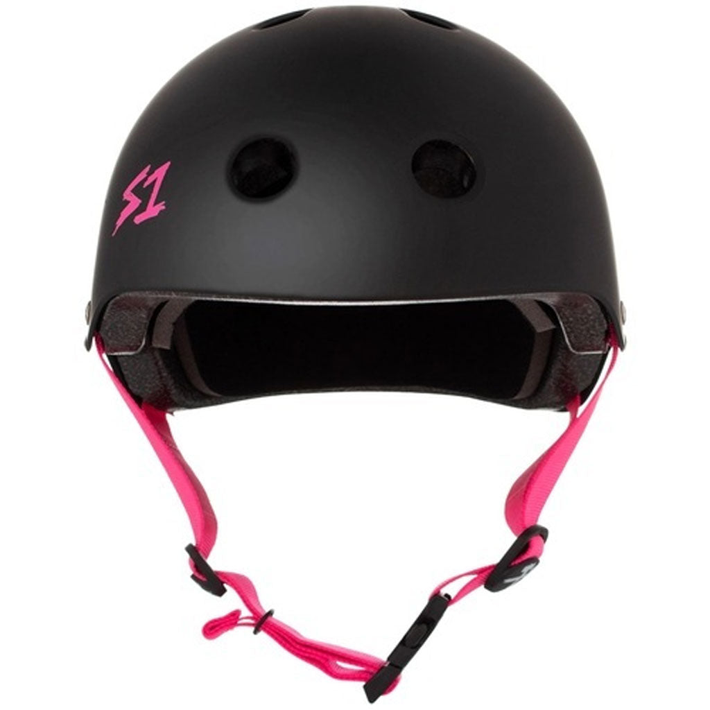 A black and pink S-One Helmet Lifer Black Matte/Pink Straps on a white background, ensuring head protection.