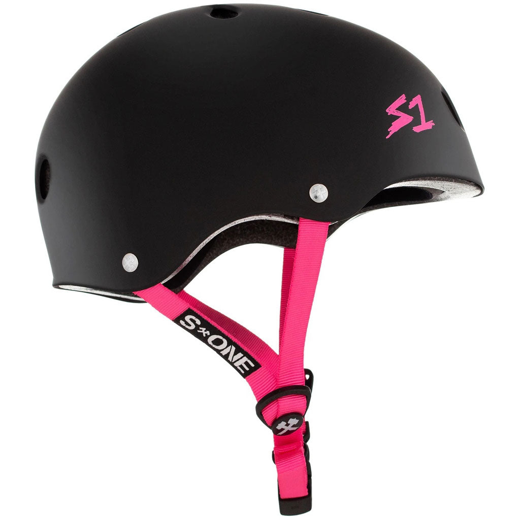 A certified black and pink S-One Helmet Lifer for head protection, displayed on a white background.
