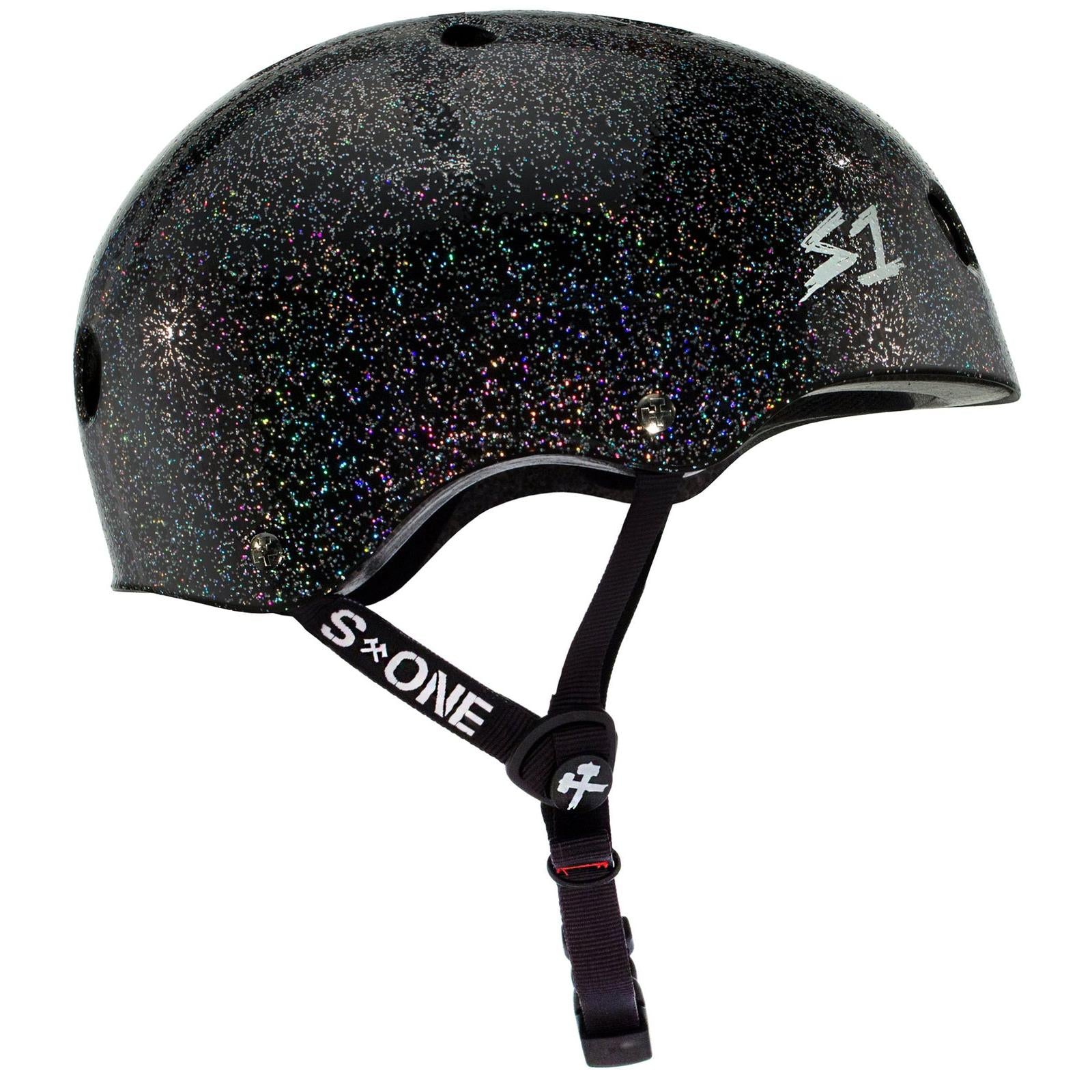 A S-One Helmet Lifer Black Gloss Glitter with a chin strap, the logo "S1" on the side, and Australian-certified helmet standards, comes with free sizing kits.