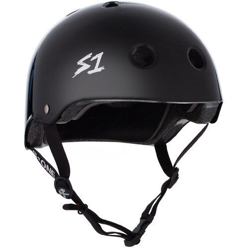 The black S-One Helmet Lifer Black Gloss with ventilation holes and adjustable chin straps features a white "S1" logo on the side, making it a high-impact helmet that's also Australian-certified.