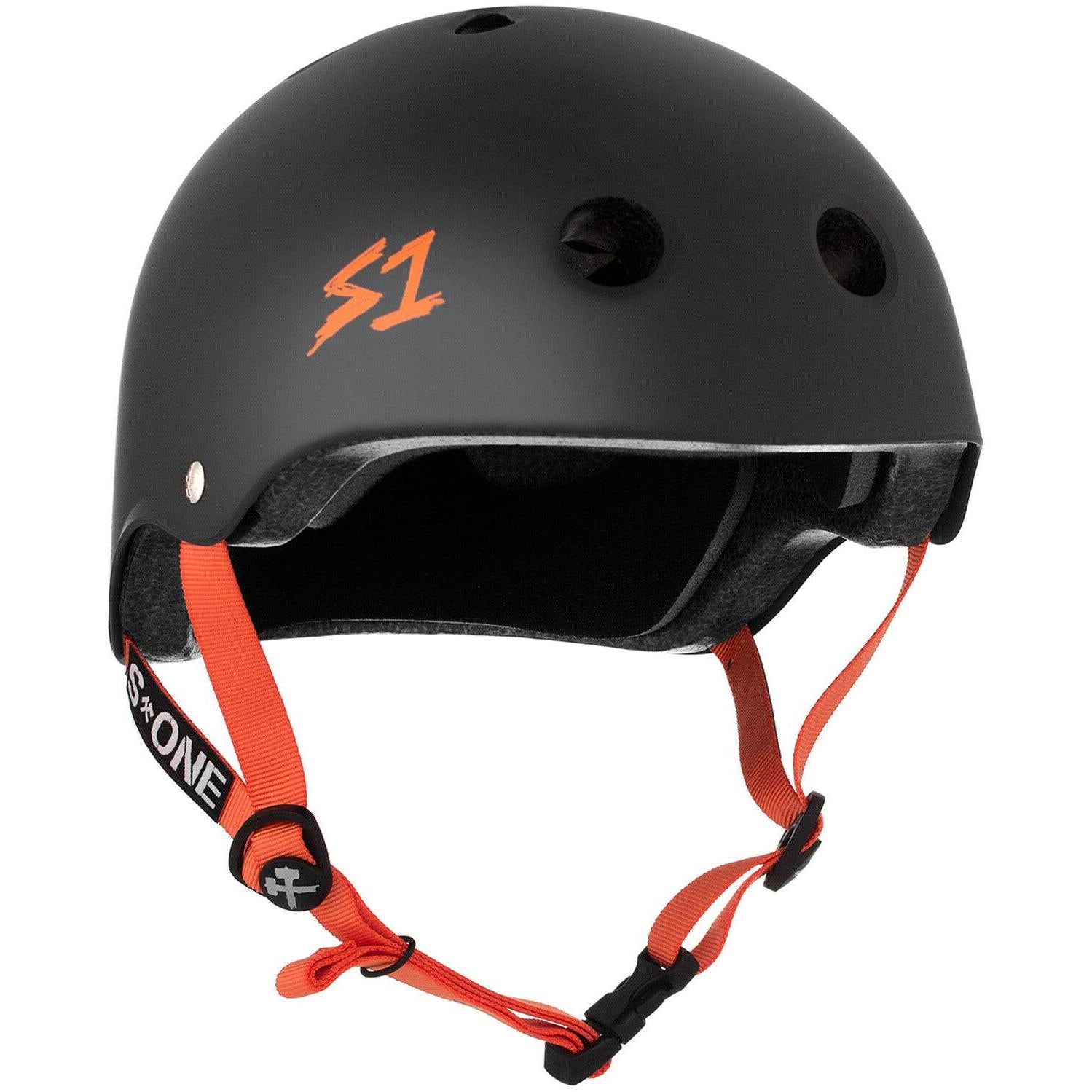 The S-One Helmet Lifer, in a sleek Black Matte finish with orange straps, is designed for a customizable and comfortable fit. It features ventilation holes and the stylish "S1" logo on the side, combining multiple impact protection for both safety and style.