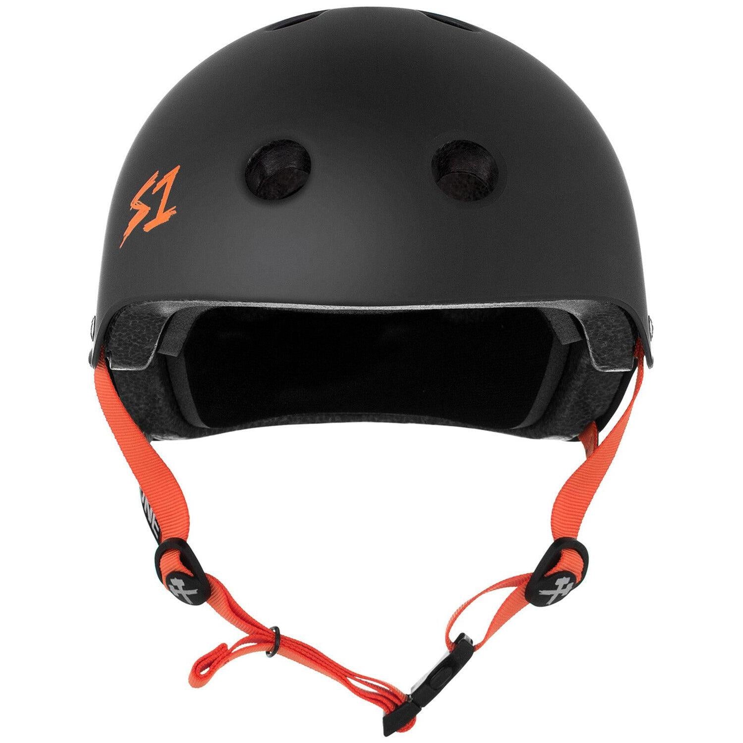 The S-One Helmet Lifer in Black Matte with Orange Straps is a stylish helmet that features multiple ventilation holes, an orange logo on the side, and offers enhanced safety with its EPS Fusion Foam, providing multiple impact protection for your ride.
