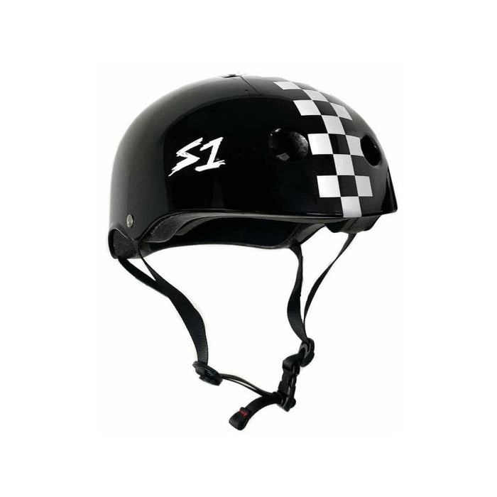 A S-One Helmet Lifer Black Matte/White Checkers featuring a checkered pattern on the side and the "S1" logo in white. This multi-impact helmet includes attached straps for securing under the chin and comes with free sizing kits.