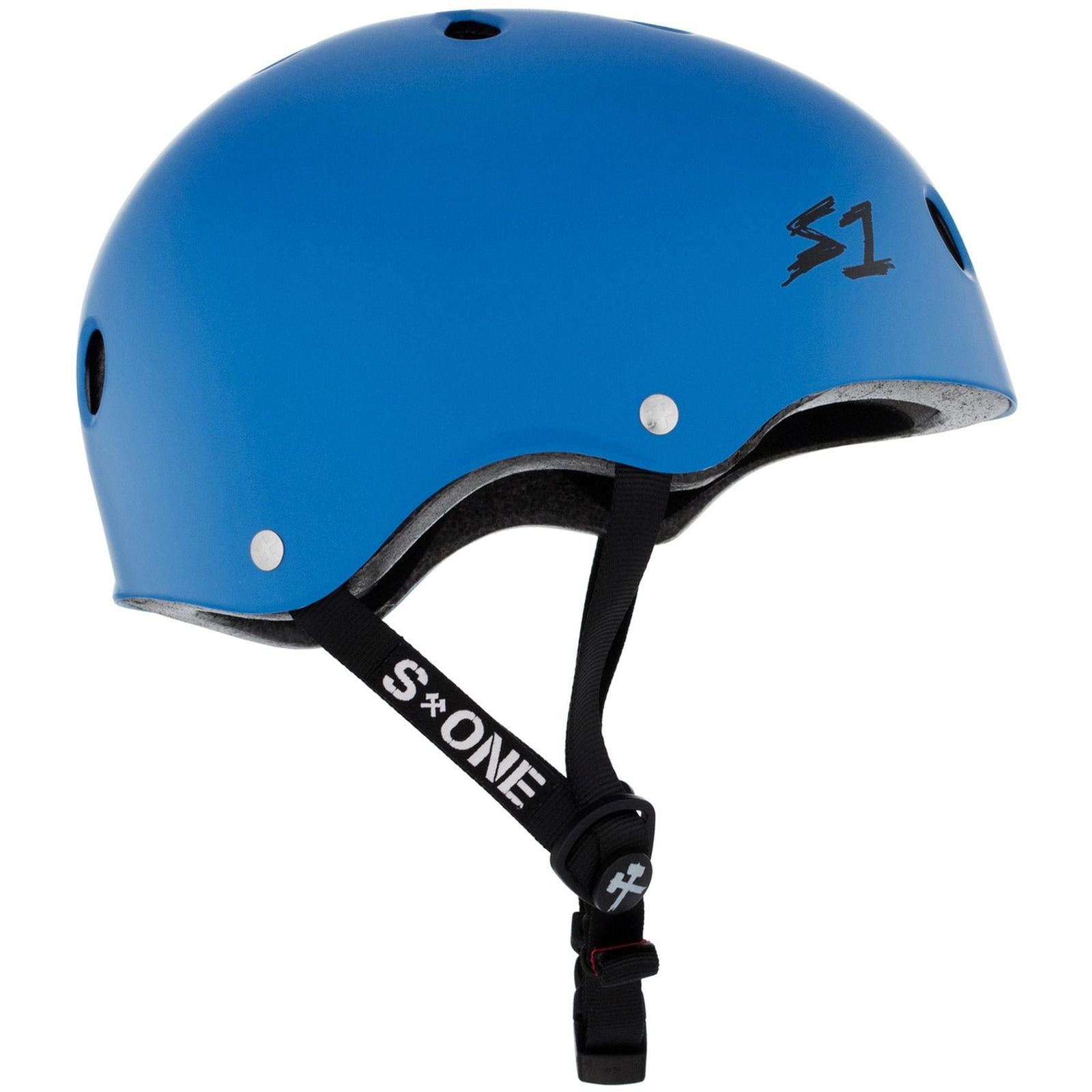 Image of a blue S-One Helmet Lifer Cyan Matte with multiple ventilation holes and a black adjustable strap featuring the S1 logo.