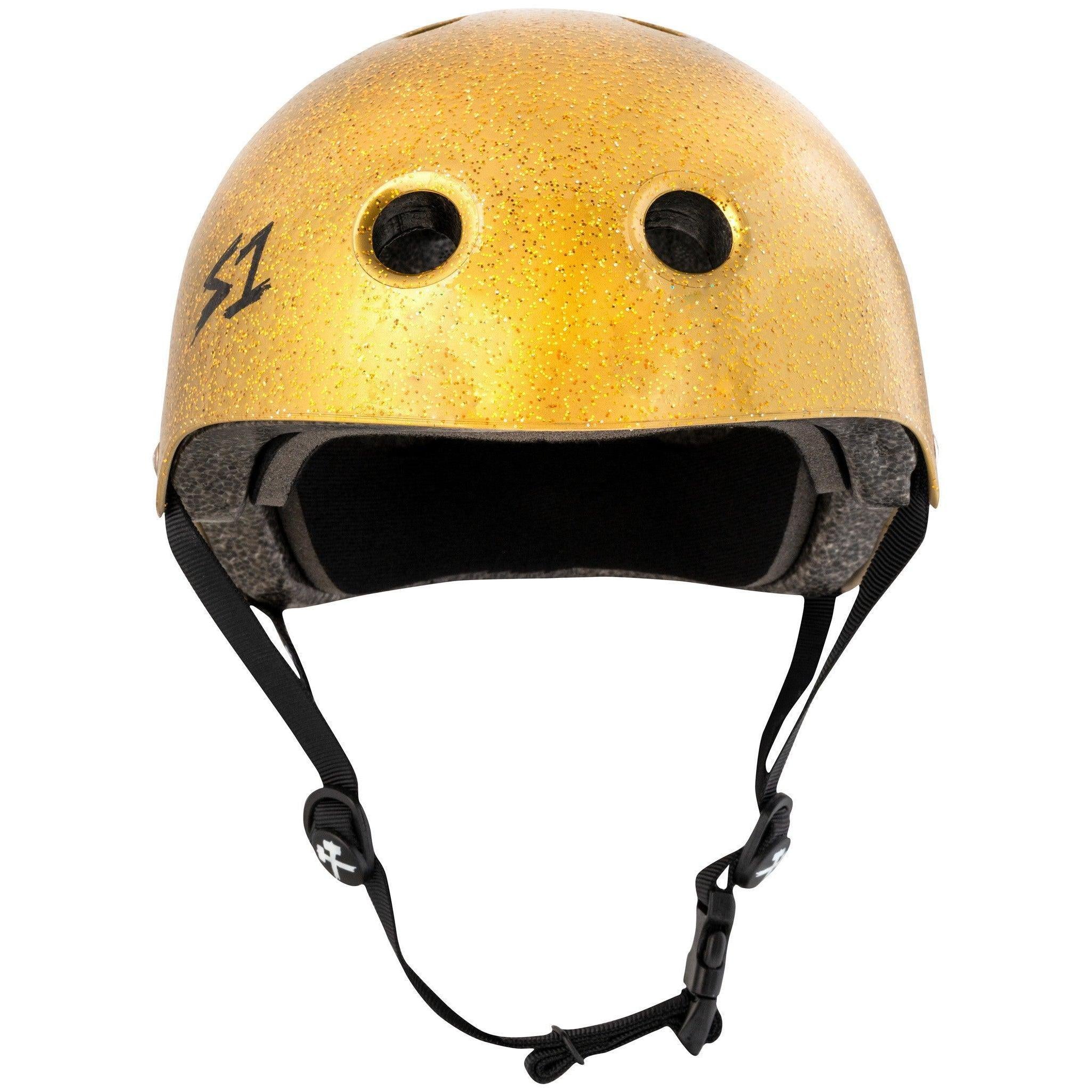 A S-One Helmet Lifer Gold Glitter with two ventilation holes in the front, black interior padding, and adjustable chin straps.