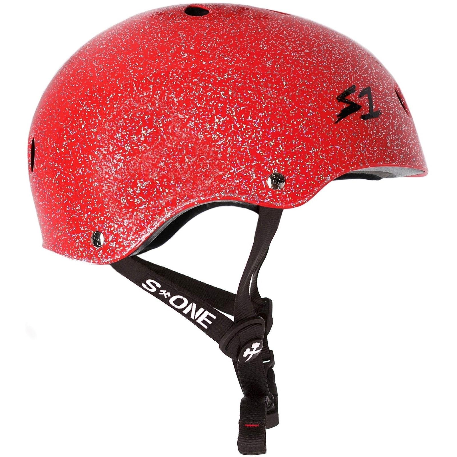 A S-One Helmet Lifer Red Glitter with black straps and the logo "S1" on the side, designed for safety in sports activities.