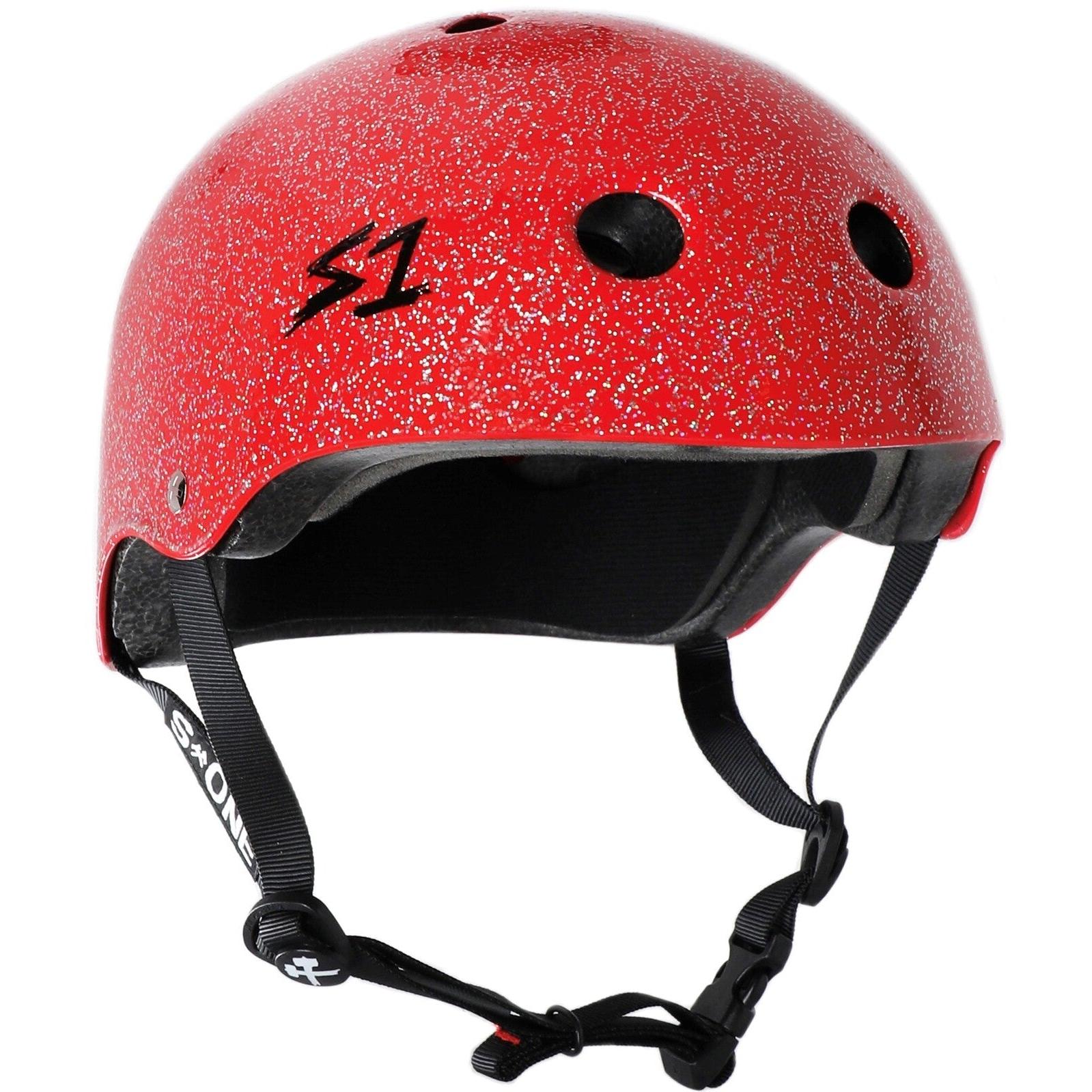 A red speckled S-One Helmet Lifer Red Glitter with a black interior, ventilation holes, and adjustable black straps. The helmet features an "S1" logo on the side and is designed to be a high-impact helmet for ultimate protection.