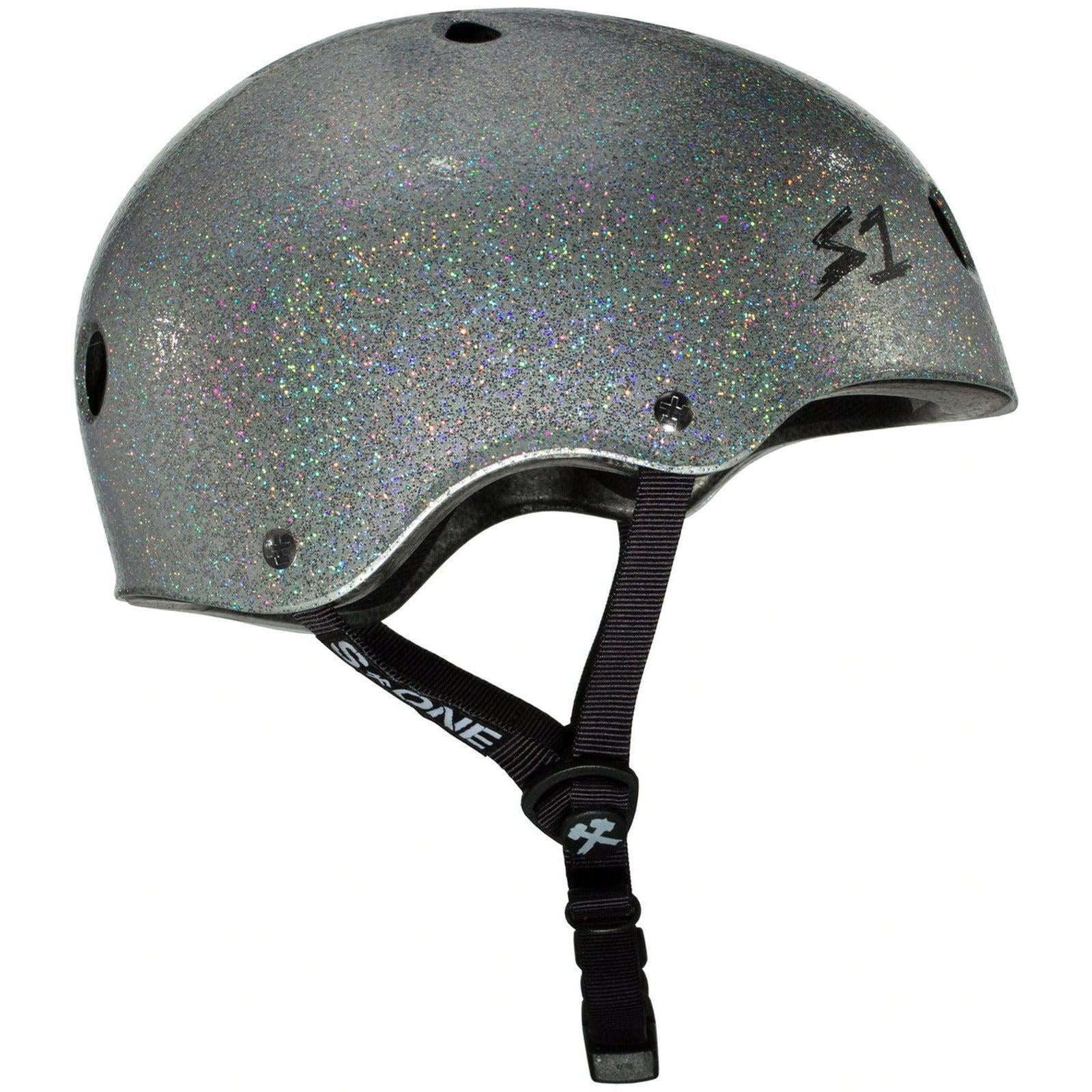 A S-One Helmet Lifer Silver Glitter with black straps and multiple ventilation holes, this Australian-certified helmet ensures both safety and style.
