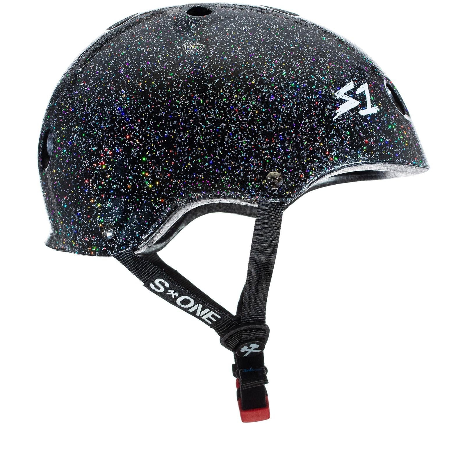 A black S-One Helmet Mini Lifer Black Gloss Glitter with a glittery finish, visor holes, and an adjustable black strap. The multi-impact helmet features EPS Fusion Foam and white "S1" branding on the side and on the strap.