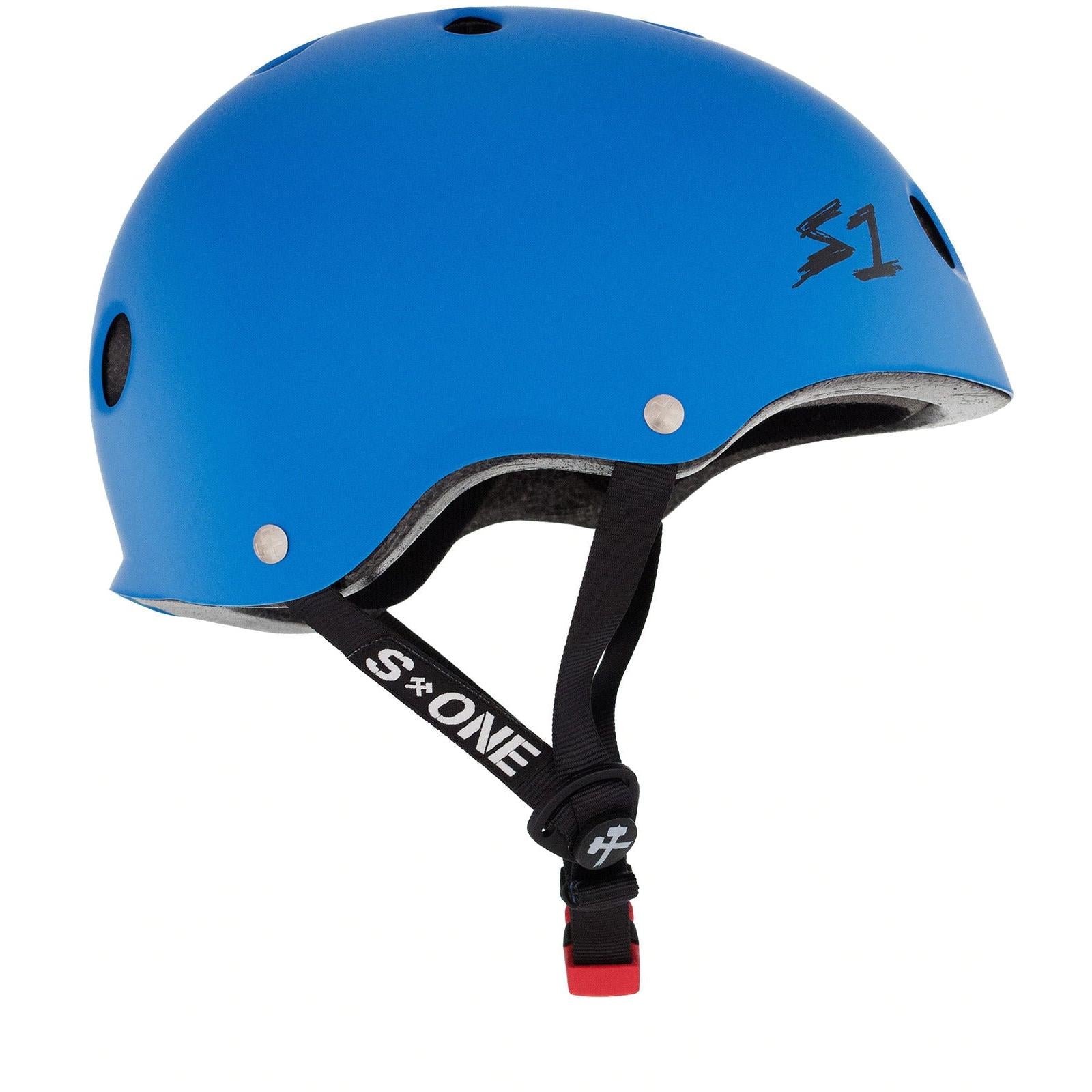 A S-One Helmet Mini Lifer Cyan Matte featuring black straps, a red clasp, and advanced EPS Fusion Foam for superior protection.
