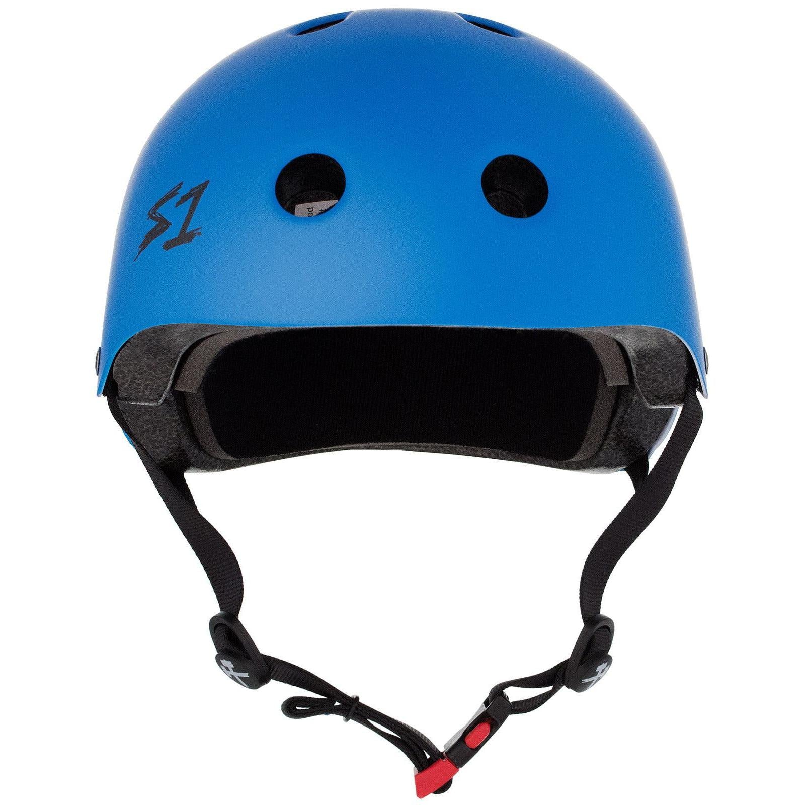 A S-One Helmet Mini Lifer Cyan Matte with black straps, two ventilation holes on the front, and the number "1" logo on the side. Equipped with EPS Fusion Foam for extra protection, this multi-impact helmet is built to keep you safe.
