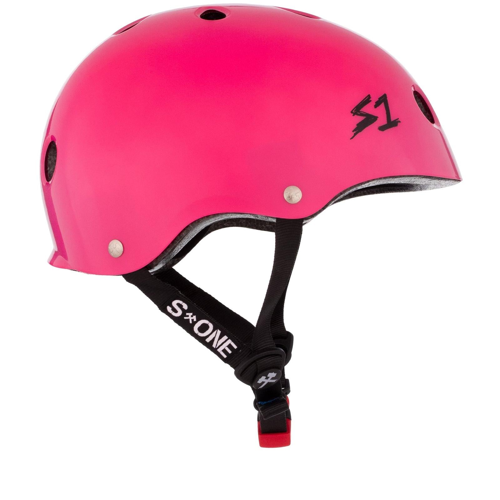 The S-One Helmet Mini Lifer Hot Pink Gloss is a bright pink helmet with black vent holes and an adjustable black chin strap. It features the logo "S1" on the side and incorporates EPS Fusion Foam for superior protection.