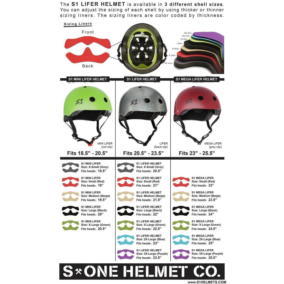 Infographic of S-One Helmet Mini Lifer Purple Matte available in small, medium, and large shell sizes. It shows different helmet colors, sizing liners, and fits for each size shell. EPS Fusion Foam ensures durability, while text and images describe helmet features.