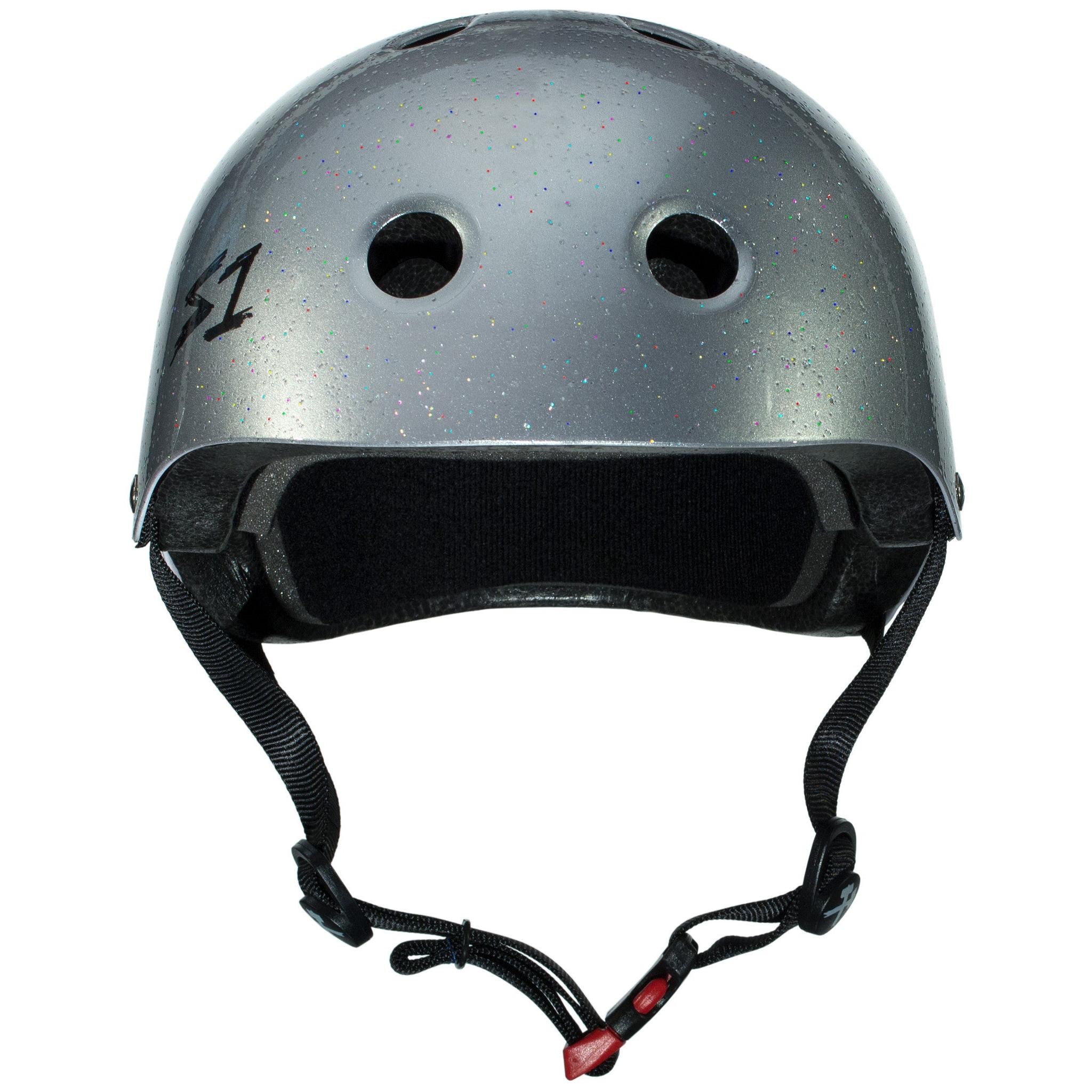 The S-One Helmet Mini Lifer Silver Gloss Glitter, featuring ventilation holes and a black adjustable strap with red clasps, is designed for head protection and boasts EPS Fusion Foam for enhanced safety.