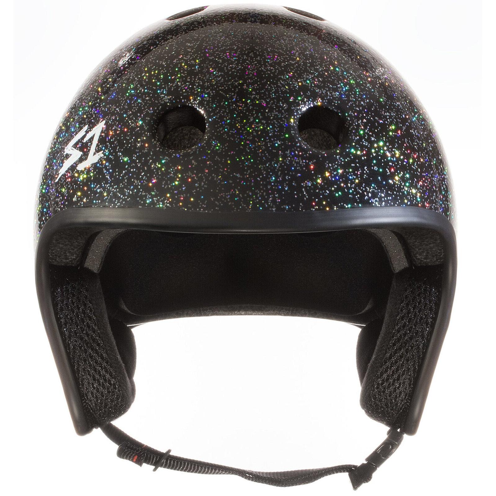 The S-One Helmet Retro Lifer Black Gloss Glitter features ventilation holes and a padded interior. Front view.