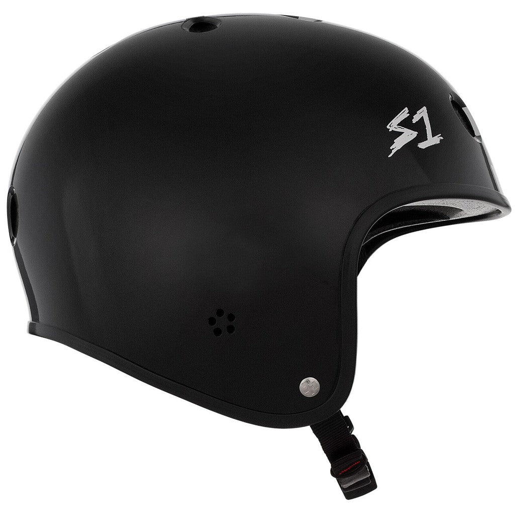 A black S-One Helmet Retro Lifer Black Matte/White Checkers with ventilation holes, an adjustable chin strap, and a white “S1” logo on the side offers high-impact helmet protection.