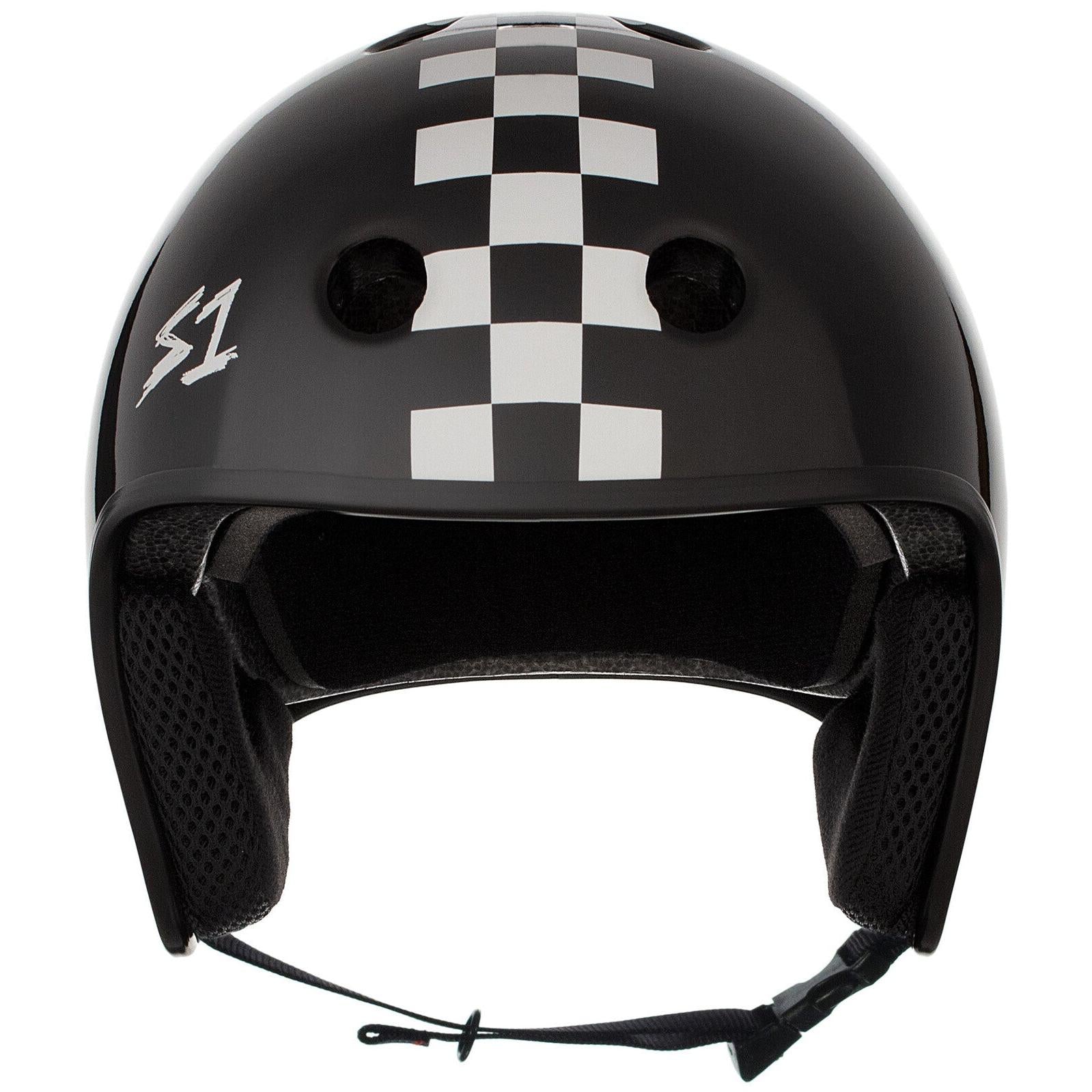 The S-One Helmet Retro Lifer Black Matte/White Checkers features a black finish with a white checkerboard stripe down the center and a stylized "S1" logo on the side. This multi-impact helmet has black padding and comes equipped with a secure chin strap.