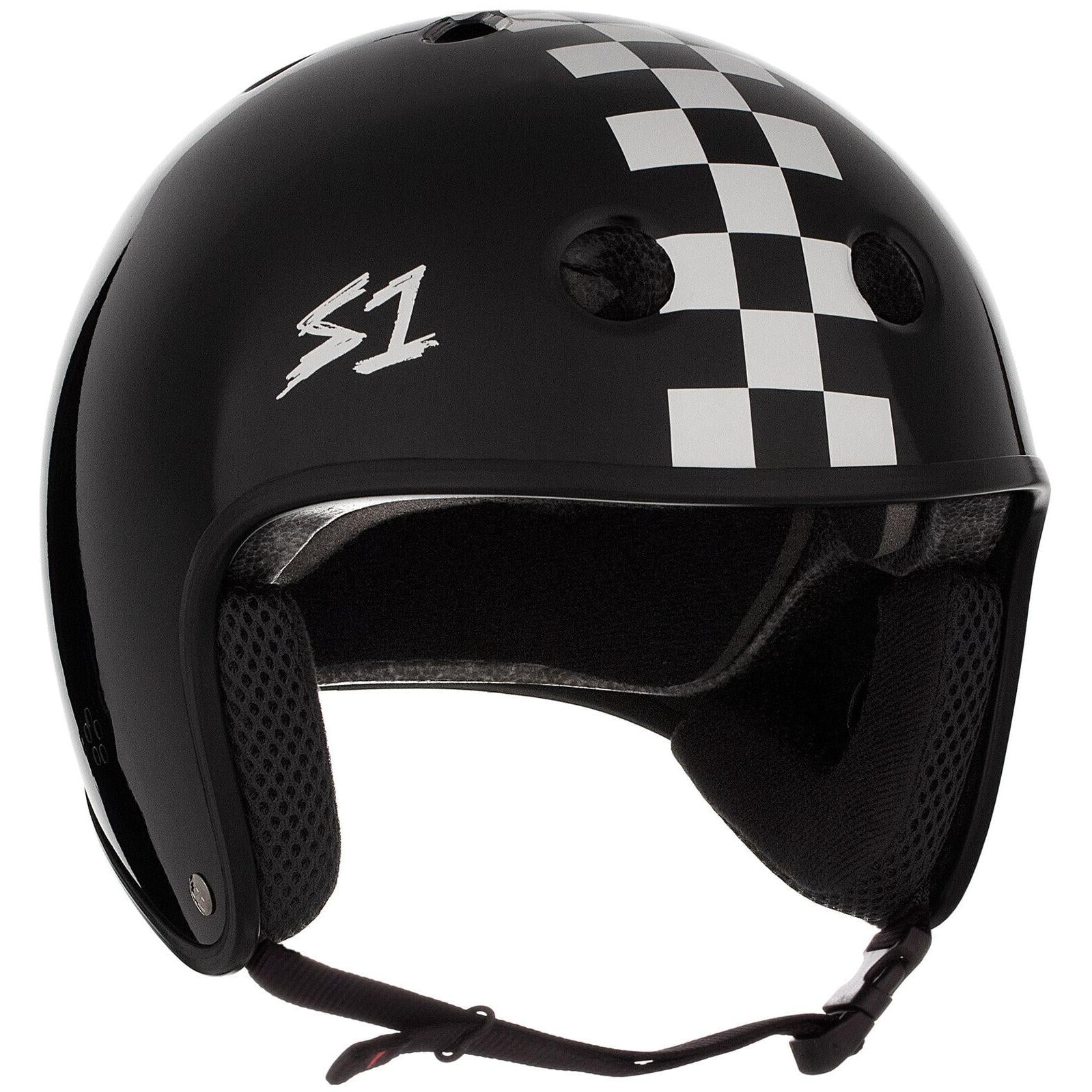 The S-One Helmet Retro Lifer Black Matte/White Checkers features a black shell adorned with a white checkered pattern. This certified helmet comes without a visor and includes black padding, a chin strap, and the "S1" logo on the side, ensuring both style and multi-impact protection.