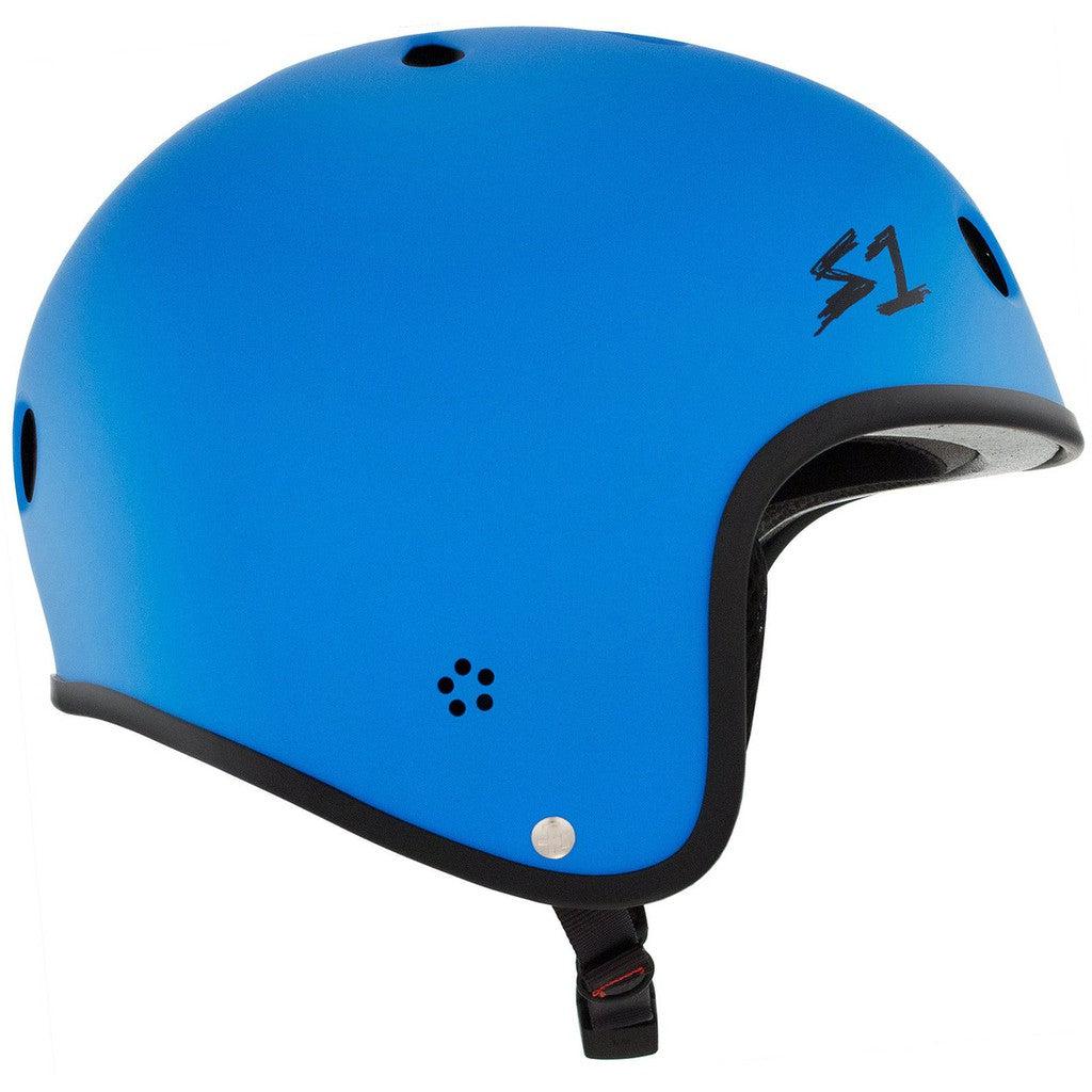 A blue S-One Helmet Retro Lifer Cyan Matte with ventilation holes, black trim, and a chin strap. This multi-impact helmet is designed for both safety and style.