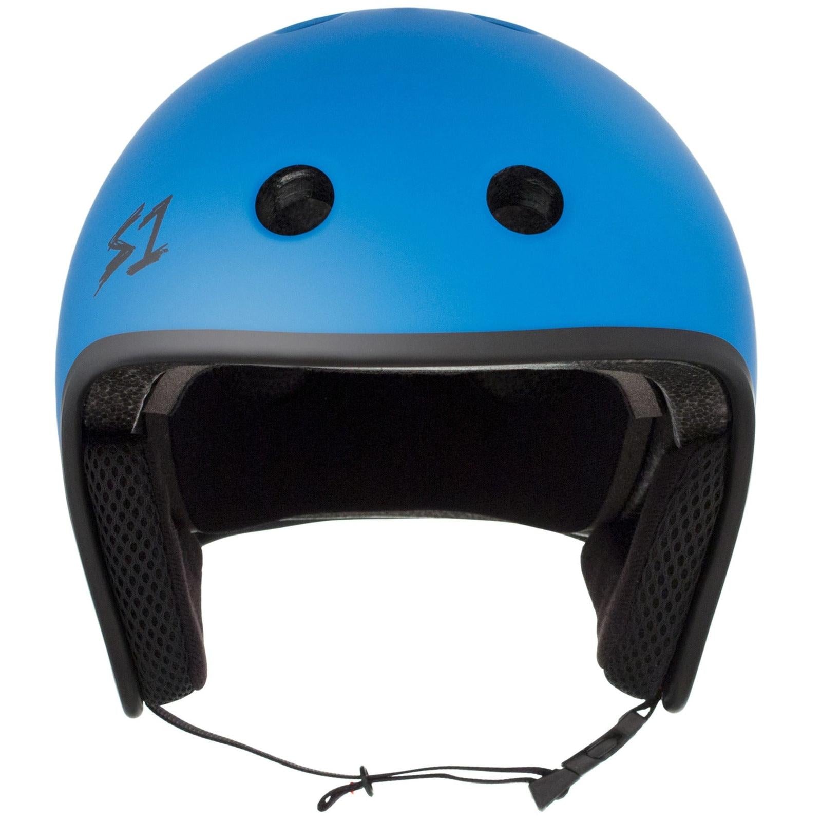 A S-One Helmet Retro Lifer Cyan Matte with ventilation holes, a black interior lining, and an adjustable strap features EPS Fusion Foam for superior protection.
