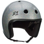 A silver multi-impact helmet with a glittery finish, featuring ventilation holes, soft interior padding, and an adjustable chin strap. The S-One Helmet Retro Lifer Silver Gloss Glitter boasts high-impact protection and a stylish "S1" logo on the side.