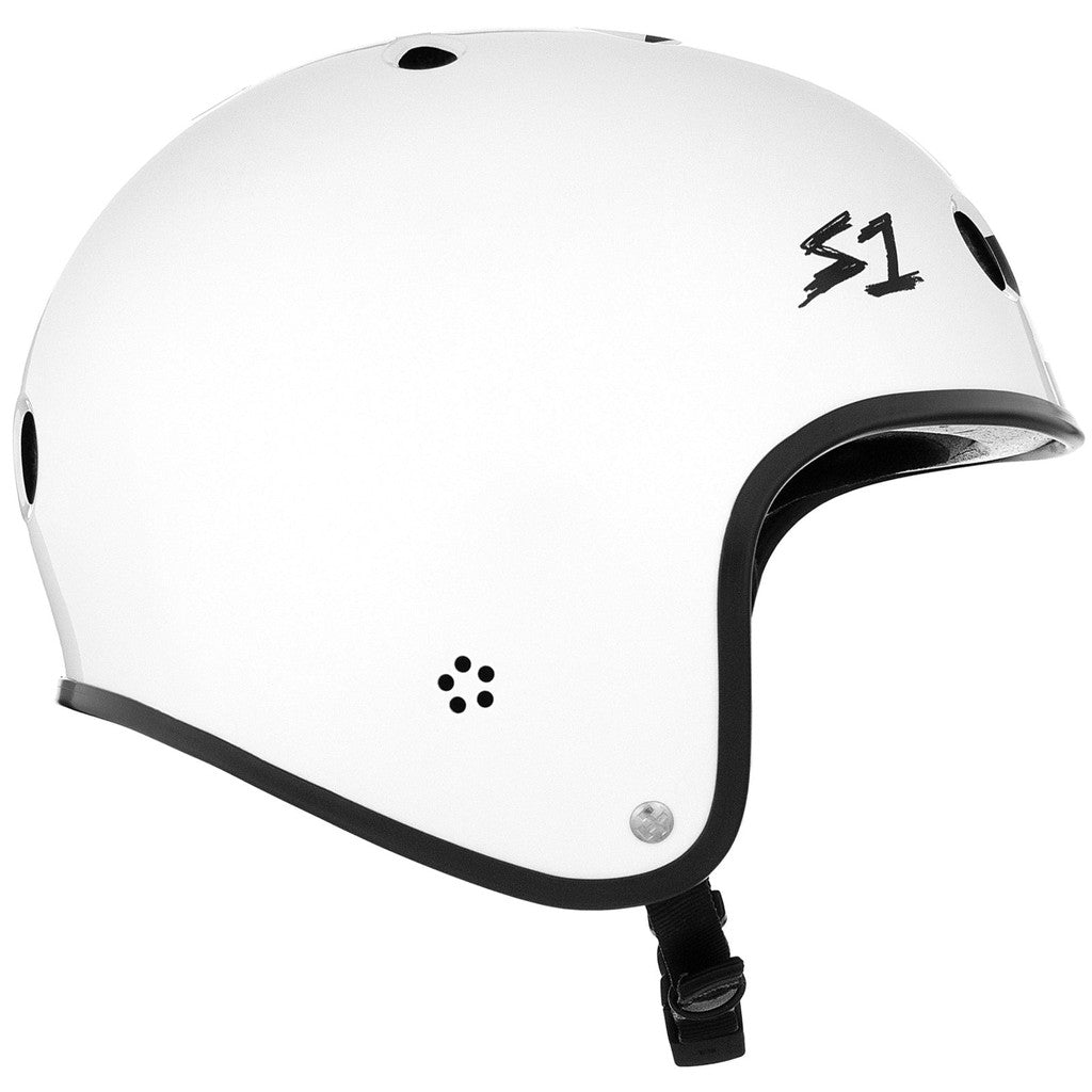 A white S-One Helmet Retro Lifer White Gloss/Black Checkers with the black "S1" logo, multiple ventilation holes, and an adjustable black chin strap. This Australian-certified helmet offers superior protection as a high-impact multi-impact helmet.
