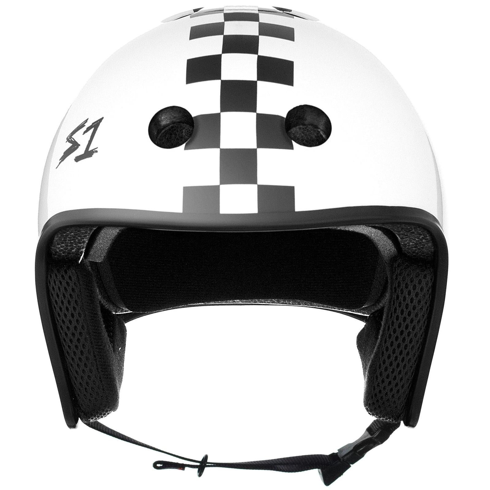 The S-One Helmet Retro Lifer White Gloss/Black Checkers features a sleek white design with a black checkered pattern down the center, complemented by black interior padding and an adjustable strap. This high-impact, multi-impact helmet is also Australian-certified for your safety.