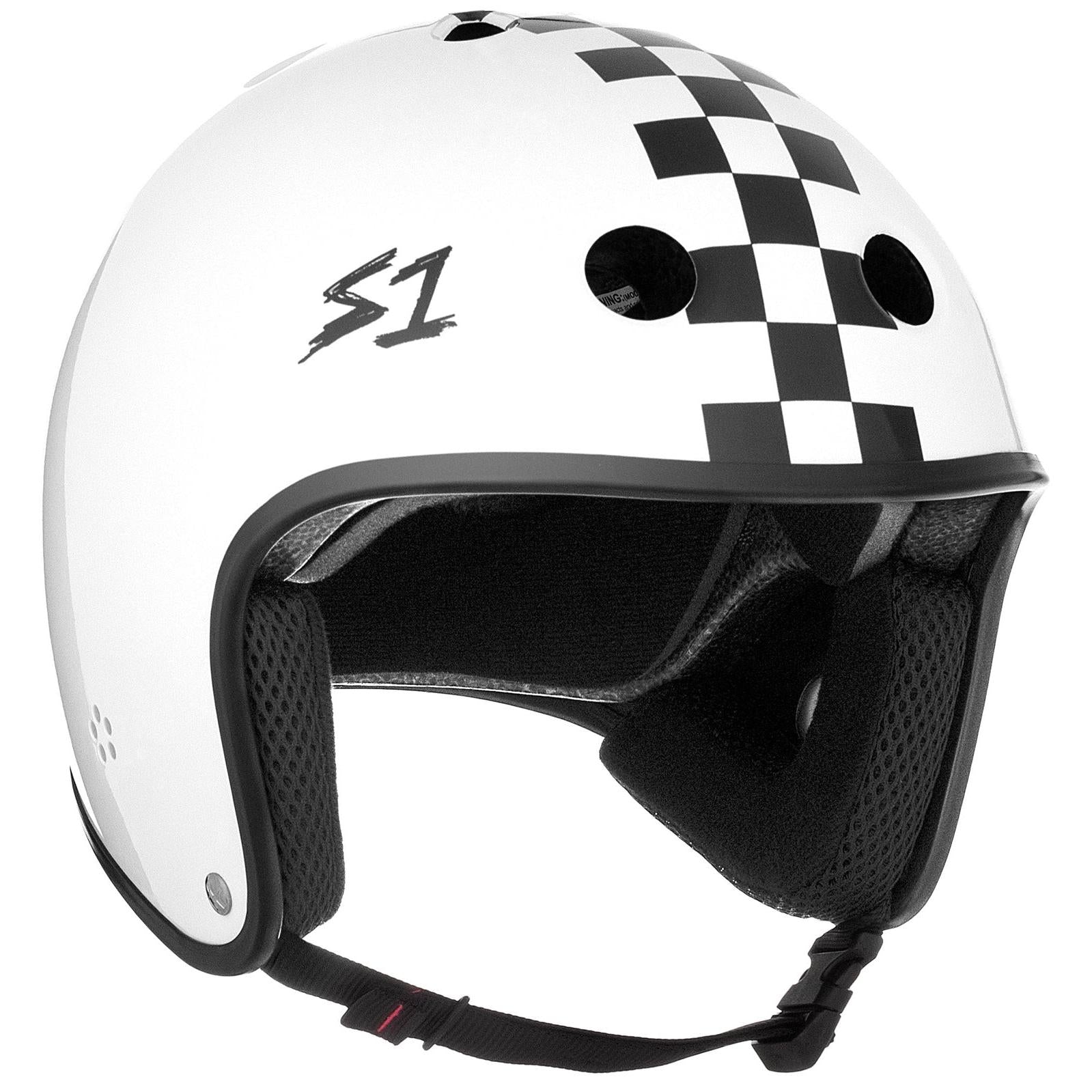 The S-One Helmet Retro Lifer White Gloss/Black Checkers features a black and white checkered stripe down the middle and the number "51" on the side. This high-impact helmet includes interior padding and a black chin strap for added comfort and safety.