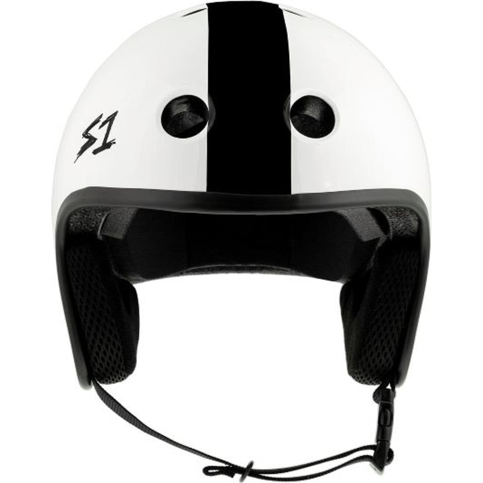 S-One Helmet Retro Lifer White Gloss/Black Stripe (AJ Nelson) with a black stripe down the center and two ventilation holes, featuring cushioned interior padding and a black adjustable strap. This high-impact helmet ensures maximum safety for all your activities.