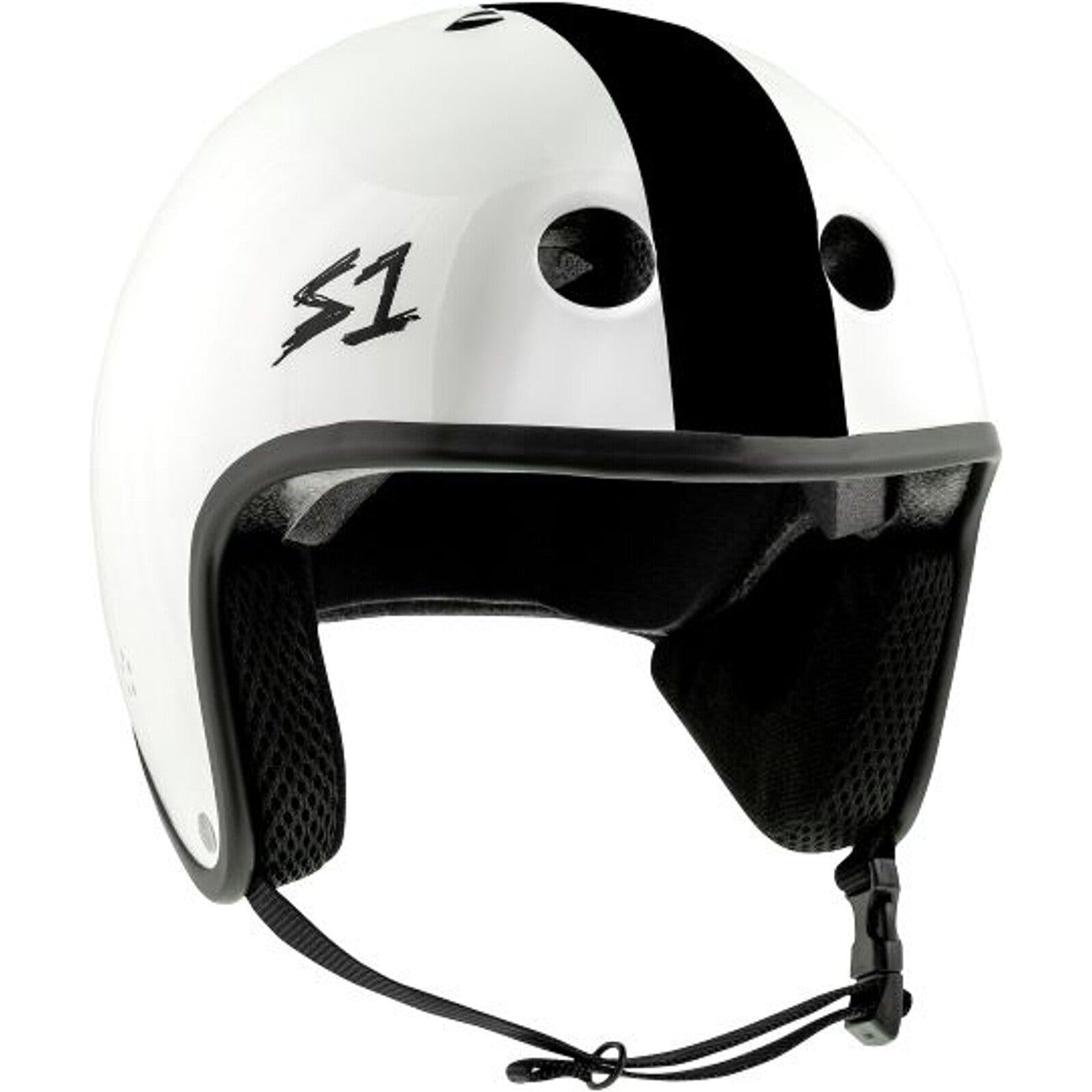 S-One Helmet Retro Lifer White Gloss/Black Stripe (AJ Nelson) with a black vertical stripe down the center, labeled with "S1" on the side. This certified helmet features ventilation holes and a chin strap with padding around the ears and neck.