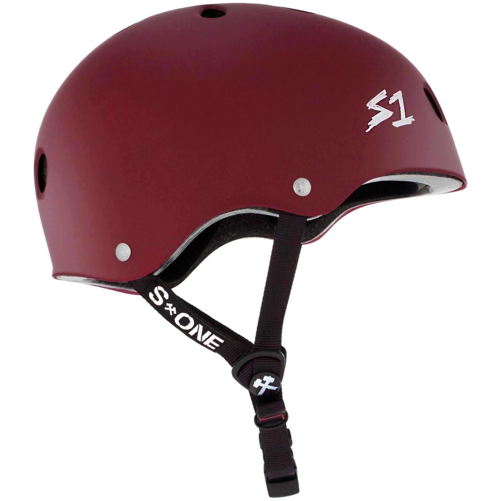 A Maroon S-One Lifer Helmet with the word slone on it, designed for head protection and multiple impact resistance.