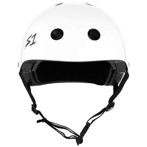 The S-One Lifer Helmet / White Gloss is a white protective helmet with black interior padding, ventilation holes, and an adjustable chin strap. This high-impact helmet ensures safety in extreme conditions. It also comes with sizing kits for a perfect fit every time.