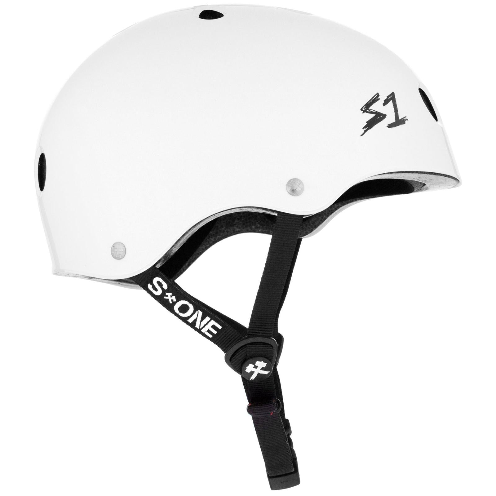 A white high-impact helmet with multiple ventilation holes and a black adjustable strap, featuring a black "S1" logo on the side and "S-ONE" on the chin strap. The S-One Lifer Helmet / White Gloss ensures optimal protection.