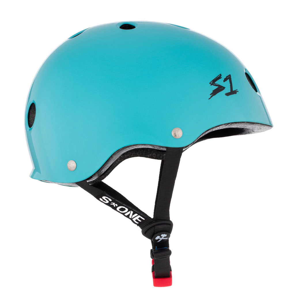 A blue S-One Helmet Mini Lifer Lagoon Gloss with the word slone on it.