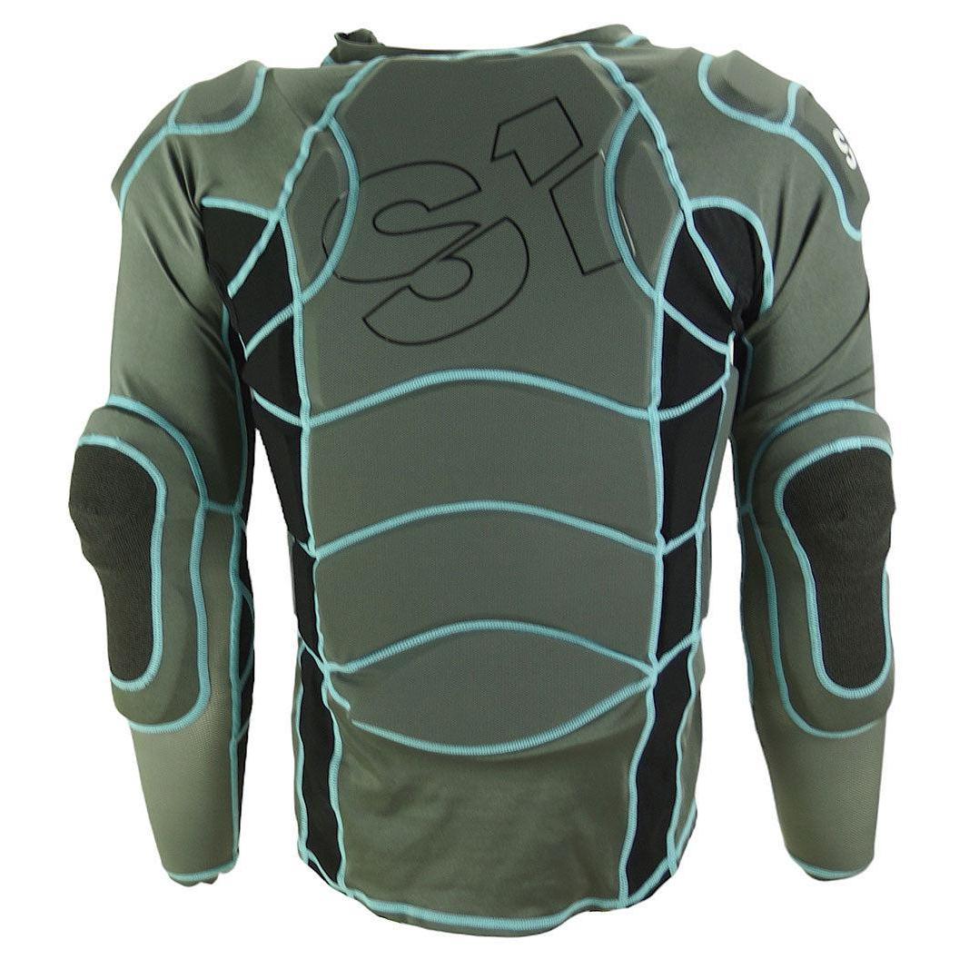 The back view of the S1 Elite Hi Impact Race Safety Jacket V2 Youth shows shoulder, elbow, and back padding with a logo and blue seam details on a gray background. This design uses advanced protective materials for superior safety.