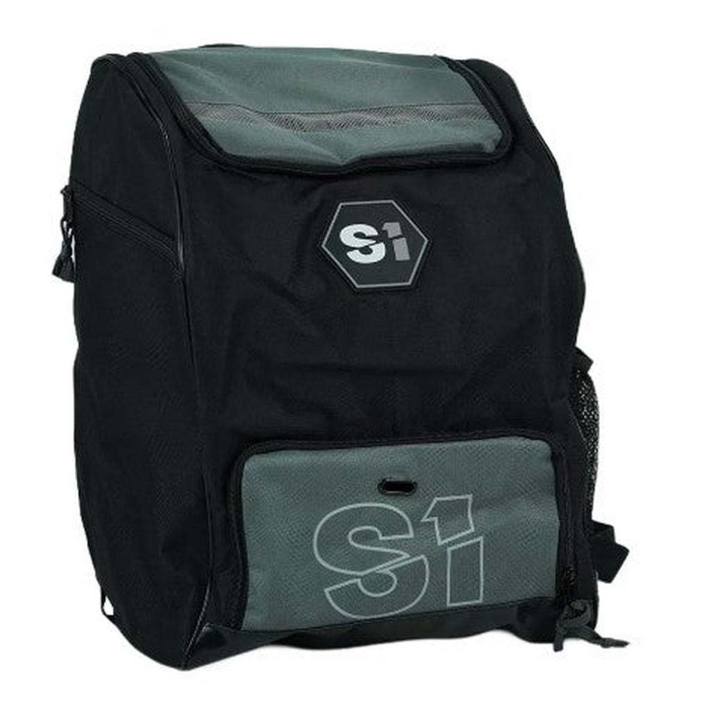 A black and gray S1 Helmet / Gear Backpack with "S1" logos, zippered compartments, and a mesh side pocket—ideal for carrying your helmet and gear essentials.